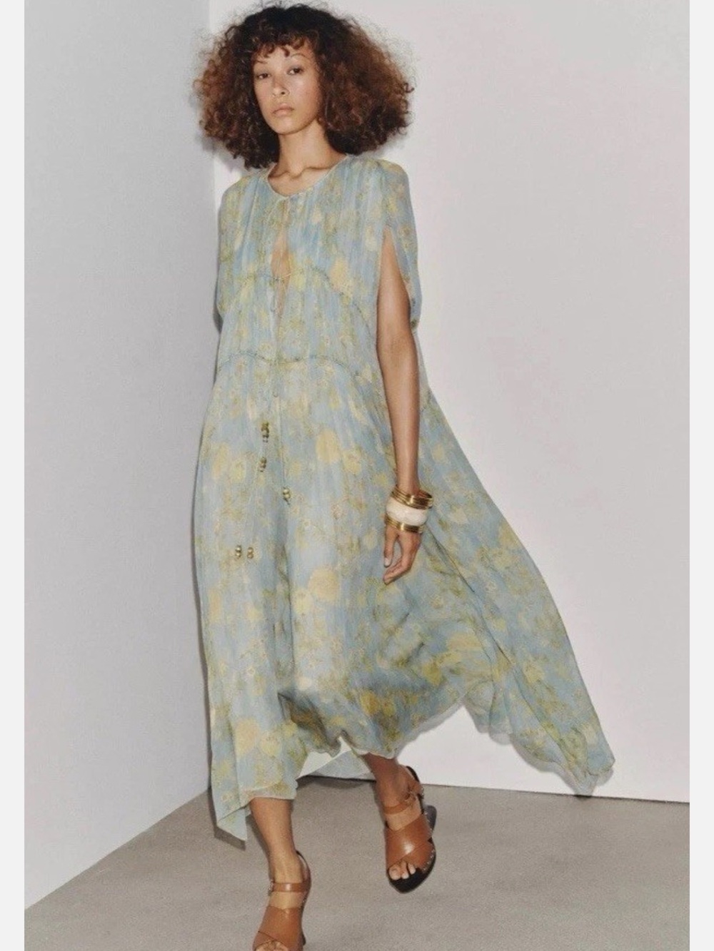Zara Light Blue and Yellow Floral Midi Dress